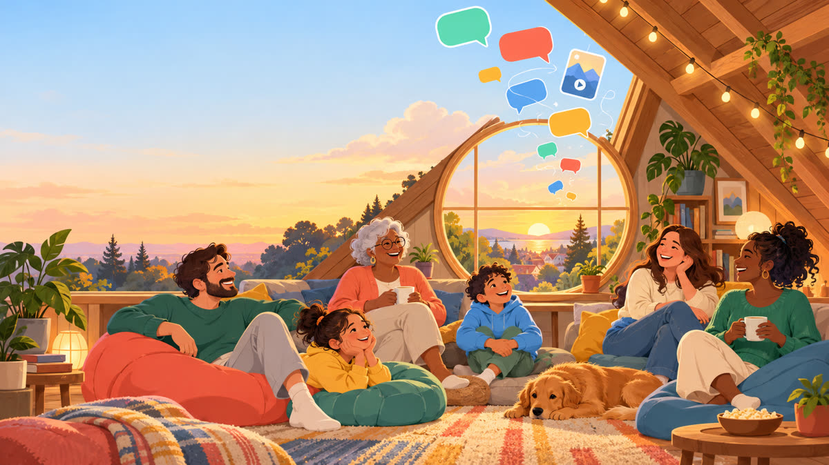 A family and friends relaxing together in a sunny attic room while colourful chat bubbles float above them